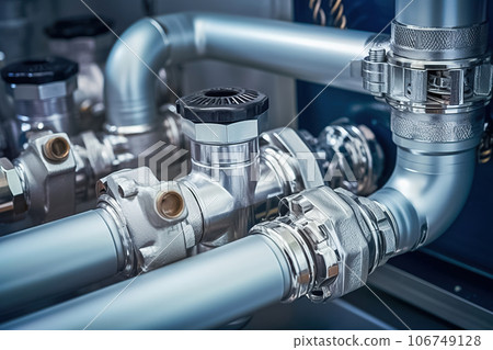 Valve in an industrial pipeline. Interweaving of large diameter pipes in production. Valve in an industrial pipeline. Interweaving of large diameter pipes in production. 106749128