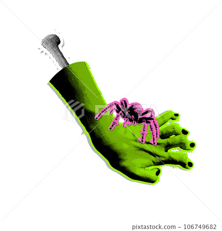 90s vintage halftone torn off zombie hand stung by a spider. Vector illustration with curve green zombie arm sticker with halftone effects for decoration of Halloween events 106749682