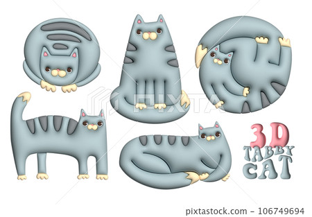 Set of volumetric happy gray tabby cats in differen poses. 3d render kittens collection. Rastre clay style illustration. 106749694
