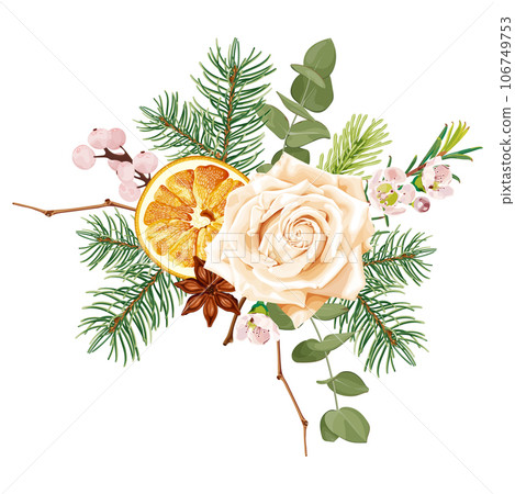 Christmas decorations with dried orange, spruce, rose, fir, anise. The aroma of bouquets. Christmas decorations with dried orange, spruce, rose, fir, anise. The aroma of bouquets. 106749753