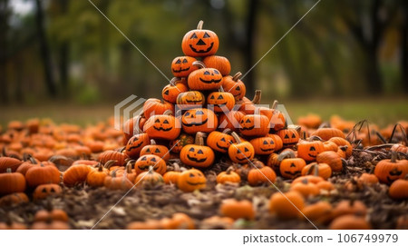 Big pile of small orange Halloween pumpkins stacked outside on a sunny day. Heap of cute little Halloween pumpkins lying on the ground on a blurred background. Big pile of small orange Halloween pumpkins stacked outside on a sunny day. Heap of cute little Halloween pumpkins lying on the ground on a blurred background. 106749979