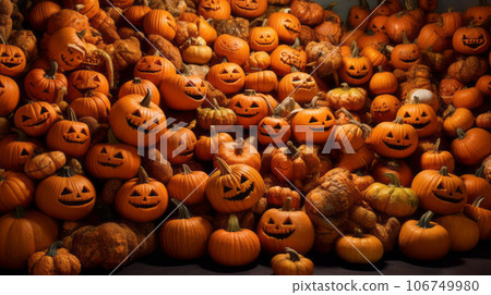 Big pile of Halloween pumpkins stacked close together in a dark room. Heap of smiling scary Halloween pumpkins lying on the ground in a barn. 106749980