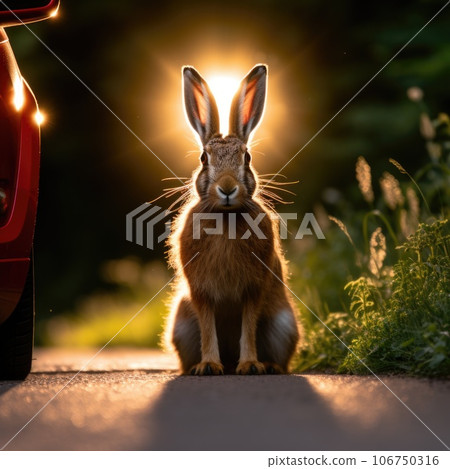 A backlighted rabbit sitting in front of a car, AI 106750316
