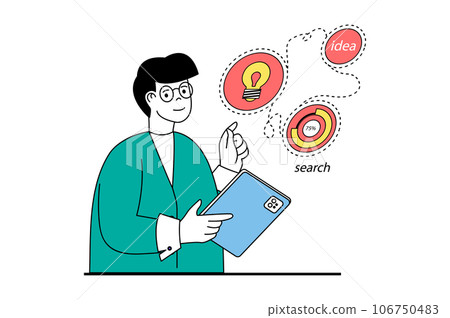 Startup business concept with people scene in flat web design. Man brainstorming, creating development strategy, starting new company. Vector illustration for social media banner, marketing material. Startup business concept with people scene in flat web design. Man brainstorming, creating development strategy, starting new company. Vector illustration for social media banner, marketing material. 106750483