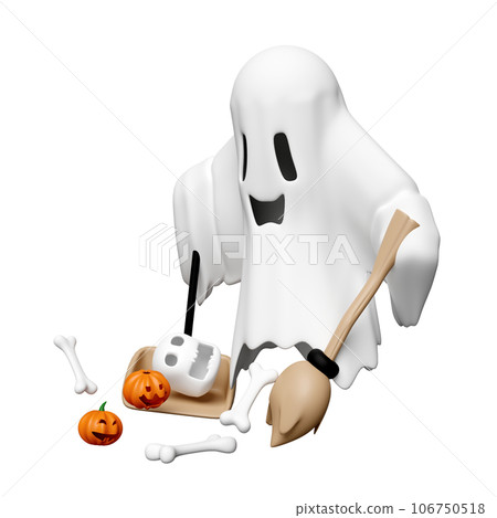 3d halloween day with cute ghost, witch wand, pumpkin, skull, shovel garbage isolated. holiday party, ghost cleans the floor, 3d render illustration 106750518
