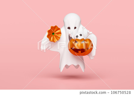 3d halloween day concept with cute ghost holding magic cauldron pumpkin, skull, skeleton isolated on pink background. holiday party, 3d render illustration 3d halloween day concept with cute ghost holding magic cauldron pumpkin, skull, skeleton isolated on pink background. holiday party, 3d render illustration 106750528