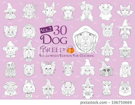 Set of 30 dog breeds with Halloween costumes for coloring. Set 2 Set of 30 dog breeds with Halloween costumes for coloring. Set 2 106750669