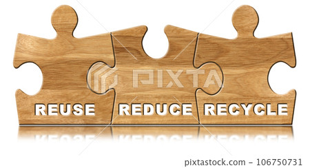 Wooden Puzzle Pieces with Text Reuse Reduce Recycle Isolated on White Wooden Puzzle Pieces with Text Reuse Reduce Recycle Isolated on White 106750731
