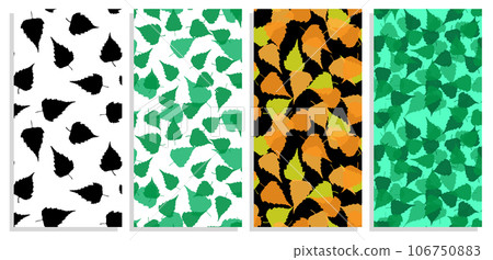 Set of vertical flyers with birch leaves silhouettes seamless pattern. Autumn fallen leaves of birch tree. Templates for invitation, banners, brochures print. Vector on white and black Set of vertical flyers with birch leaves silhouettes seamless pattern. Autumn fallen leaves of birch tree. Templates for invitation, banners, brochures print. Vector on white and black 106750883