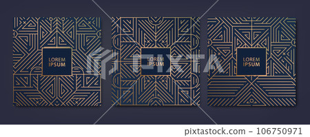 Vector set of fancy art deco cards, geometric line patterns, square labels, gatsby vintage frames. Design elements for placards, banners, flyers, presentations. Vector set of fancy art deco cards, geometric line patterns, square labels, gatsby vintage frames. Design elements for placards, banners, flyers, presentations. 106750971