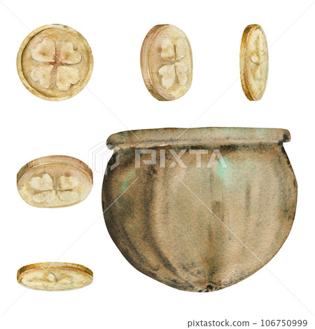 Watercolor hand drawn illustration, Saint Patrick holiday. Leprechaun pot cauldron, gold coins treasure. Ireland tradition. Single element Isolated on white background. For invitations, print, cards. 106750999