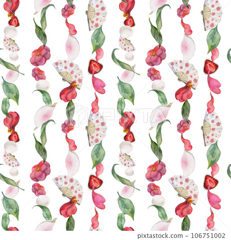 Watercolor seamless pattern with hand drawn traditional Japanese sweets. Wagashi, mochi, camellia flowers. Isolated on white background. Invitations, restaurant menu, greeting cards, print, textile Watercolor seamless pattern with hand drawn traditional Japanese sweets. Wagashi, mochi, camellia flowers. Isolated on white background. Invitations, restaurant menu, greeting cards, print, textile 106751002