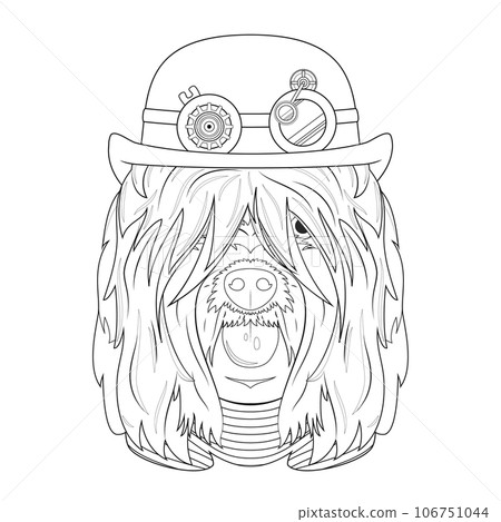 Halloween greeting card for coloring. Briard or Brie Shepherd dog with bowler hat and black and red striped t-shirt 106751044