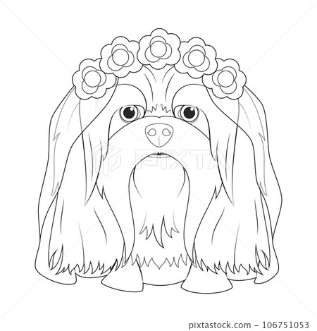Halloween greeting card for coloring. Lhasa Apso dog dressed as a ghost with purple flowers on his head and a wedding veil 106751053