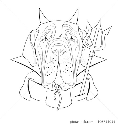 Halloween greeting card for coloring. Neapolitan Mastiff dog dressed as a devil with red horns and cape, and a black and red trident 106751054