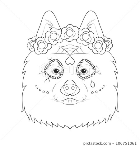 Halloween greeting card for coloring. Samoyed dog dressed as a Mexican skull with red flowers on his head 106751061