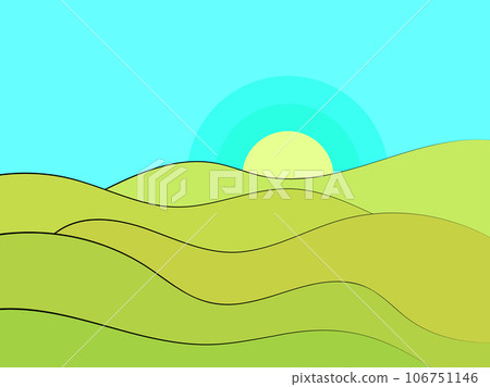 Green wavy landscape in a minimalist style. View of the hills with the sun at dawn. Plains and mountains. Boho decor. Design for printing banners, posters, book covers. Vector illustration Green wavy landscape in a minimalist style. View of the hills with the sun at dawn. Plains and mountains. Boho decor. Design for printing banners, posters, book covers. Vector illustration 106751146