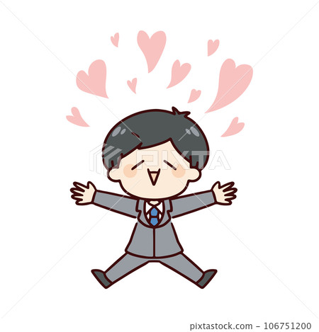 A man in a suit jumping with a smile 106751200