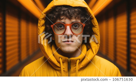 A man wearing glasses and a yellow jacket, AI 106751630