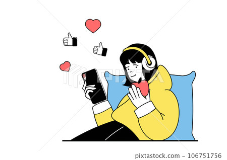 Social media concept with people scene in flat web design. Woman communicating online at mobile application and getting new reactions. Vector illustration for social media banner, marketing material. 106751756