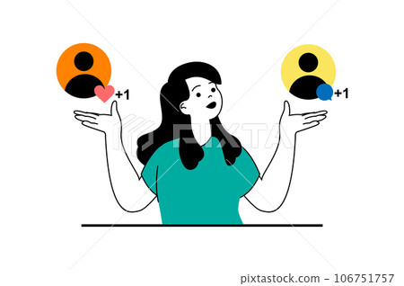 Social media concept with people scene in flat web design. Woman communicating online and getting new reactions, chatting with friends. Vector illustration for social media banner, marketing material. 106751757
