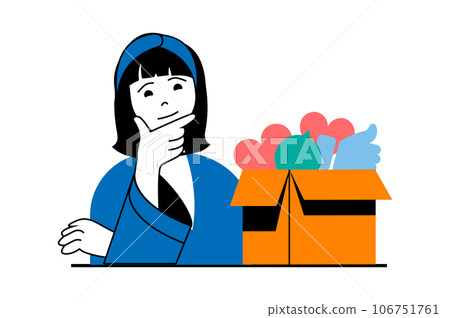 Social media concept with people scene in flat web design. Woman using networks, collecting comments, like and heart reactions in box. Vector illustration for social media banner, marketing material. 106751761