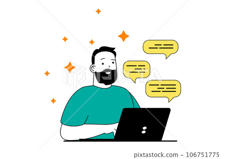 Social media concept with people scene in flat web design. Man chatting with friends at networks and sending messages from laptop. Vector illustration for social media banner, marketing material. 106751775