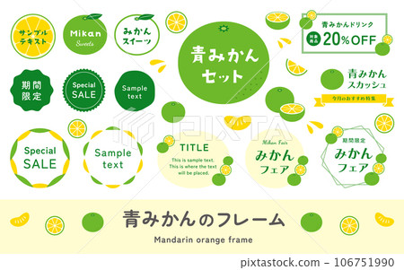 A set of illustrations of blue mandarin oranges and early mandarin oranges and frame decorations. Simple and cute vector design material. 106751990