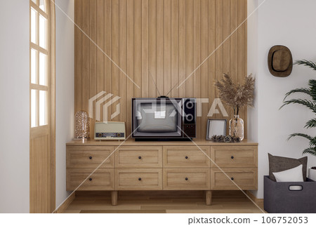 Vintage style wooden tv cabinet with empty plank backdrop 3d render Vintage style wooden tv cabinet with empty plank backdrop 3d render 106752053