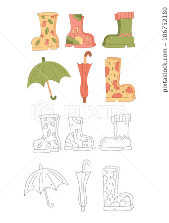 Set of four different rubber boots and two umbrellas. Black and white and color clipart vector illustration. Set of four different rubber boots and two umbrellas. Black and white and color clipart vector illustration. 106752180