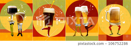 Human legs with glasses of delicious lager foamy beer on colorful background. Contemporary art collage. Human legs with glasses of delicious lager foamy beer on colorful background. Contemporary art collage. 106752286