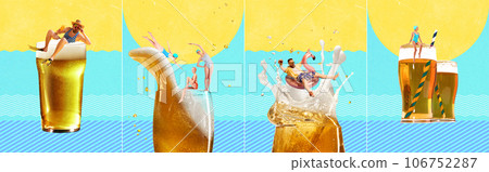 Summer vacation, Girls, men enjoying lager womany beer taste. Contemporary art collage. 106752287