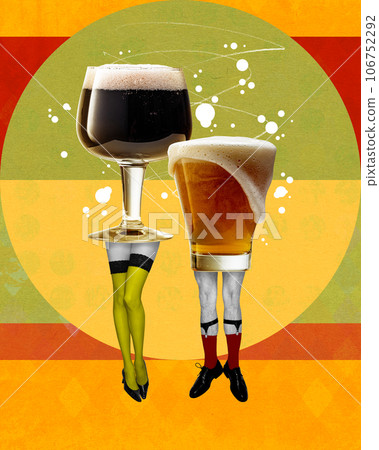 Male and female legs with glasses of foamy beer over colorful background. Contemporary art collage. Male and female legs with glasses of foamy beer over colorful background. Contemporary art collage. 106752292