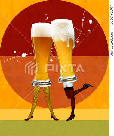 Female legs with glasses of foamy beer over bright background. Paty and enjoyment. Contemporary art collage. 106752304