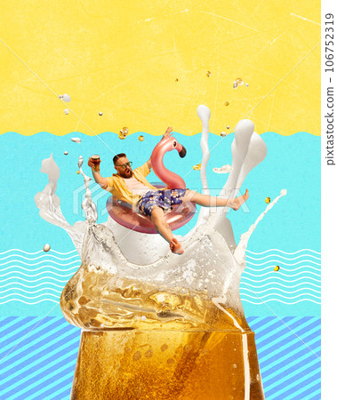 Happy man swimming on swimcircle on lager beer foam. Splashes. Enjoyment. Contemporary art collage. Happy man swimming on swimcircle on lager beer foam. Splashes. Enjoyment. Contemporary art collage. 106752319