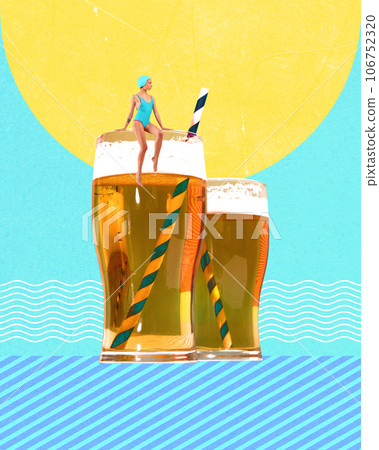 Woman in swimsuit sitting on lager foamy beer, diving into traditional taste. Contemporary art collage. Woman in swimsuit sitting on lager foamy beer, diving into traditional taste. Contemporary art collage. 106752320
