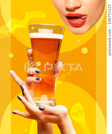 Young woman holding glass with lager delicious beer over yellow background. Contemporary art collage. Young woman holding glass with lager delicious beer over yellow background. Contemporary art collage. 106752323