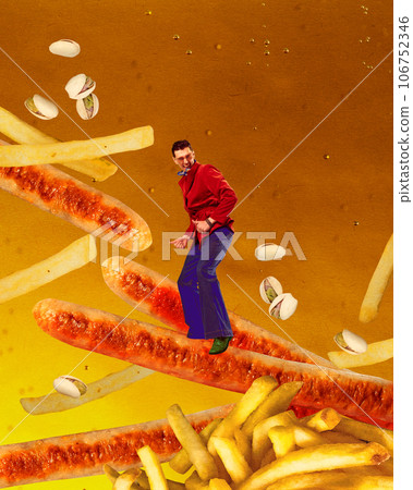 Stylish happy man dancing around sausages, pistachios and fries over beer background. Contemporary art collage. 106752346