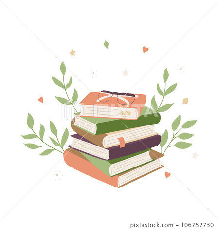 Stack of books with glasses, twigs, hearts. Heap of different paper hardcover books with bookmarks. Decorative element Color Flat cartoon vector illustration isolated on a white background. 106752730