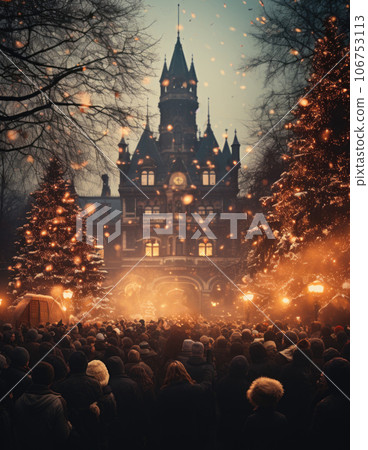 A crowd of people are standing in front of a castle, AI A crowd of people are standing in front of a castle, AI 106753113