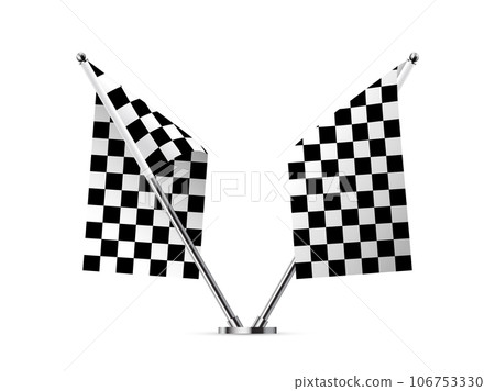 Black and white crossed race flags, 3D checkered flags on metal pole for start and finish Black and white crossed race flags, 3D checkered flags on metal pole for start and finish 106753330