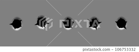 Bullet holes set isolated on grey background. Realistic ragged metal holes row. Damage effect Bullet holes set isolated on grey background. Realistic ragged metal holes row. Damage effect 106753332