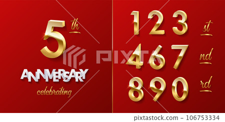 5 golden number and Anniversary Celebrating text with golden ribbons on red background. Vector fife anniversary celebration event square template with numbers set for invitation, greeting card 5 golden number and Anniversary Celebrating text with golden ribbons on red background. Vector fife anniversary celebration event square template with numbers set for invitation, greeting card 106753334
