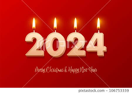 2024 New Year and Merry Christmas holiday party celebrating, greeting card vector illustration. 3d realistic text, 2024 candle numbers with fire, candlelight decor for romantic celebration 2024 New Year and Merry Christmas holiday party celebrating, greeting card vector illustration. 3d realistic text, 2024 candle numbers with fire, candlelight decor for romantic celebration 106753339