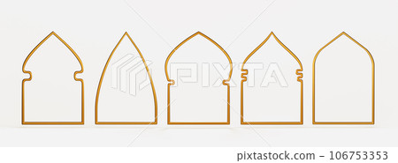 Arab gold windows arches 3d render. Luxury icon set of golden metal vintage frames borders for mosque, muslim and islamic architecture, ornamental design isolated on white background. 3D illustration Arab gold windows arches 3d render. Luxury icon set of golden metal vintage frames borders for mosque, muslim and islamic architecture, ornamental design isolated on white background. 3D illustration 106753353