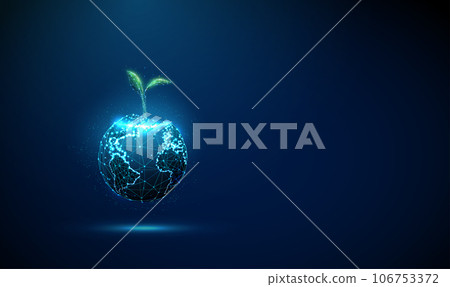 Abstract green plant sprout grows from the planet Earth. Environment protection concept. Low poly style design 106753372