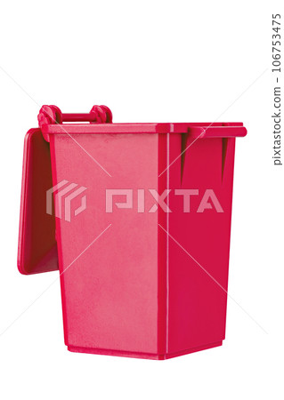 A new unbox red large plastic bin isolated on white background. Garbage container with a lid. A new unbox red large plastic bin isolated on white background. Garbage container with a lid. 106753475