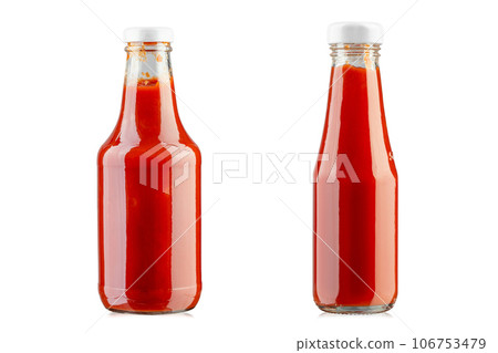 Collection of glass bottles of ketchup isolated on white background. File contains clipping path. 106753479
