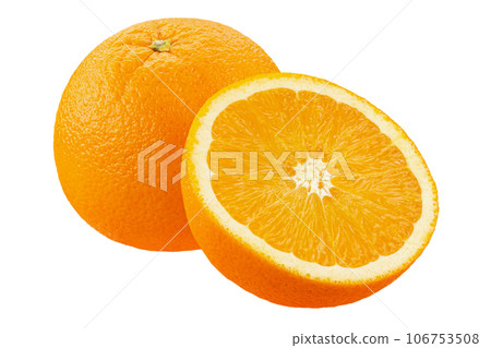 Orange fruit with cut in half isolated on white background. File contains clipping path. Orange fruit with cut in half isolated on white background. File contains clipping path. 106753508