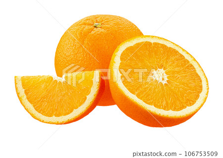 Orange fruit with cut in half isolated on white background. File contains clipping path. 106753509